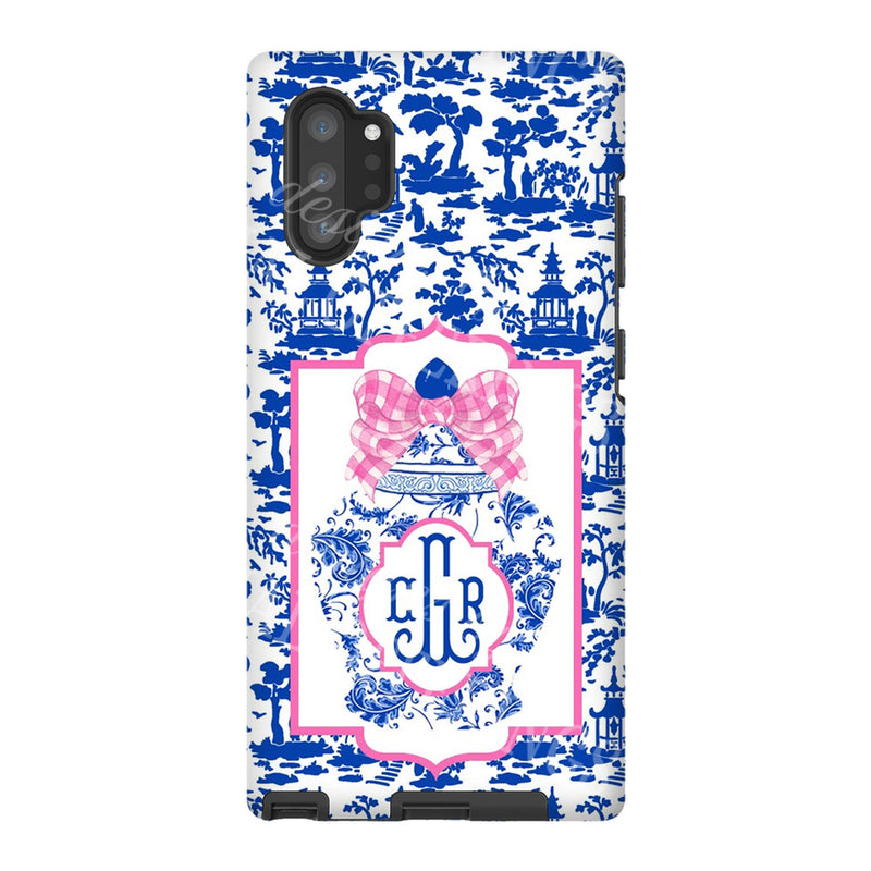 Ginger Jar with Pink Bow Blue Toile Glossy Tough Phone Case | iPhone | Samsung Galaxy