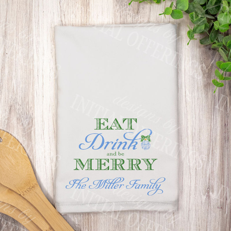 Blue and Green Eat Drink and be Merry Set of 2 Hostess Towels