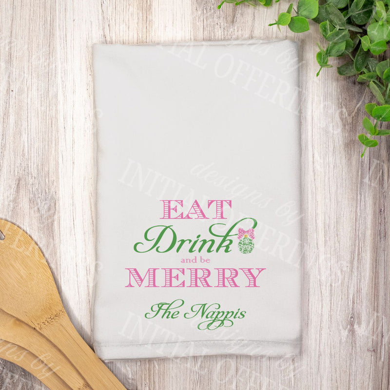 Pink and Green Eat Drink and be Merry Set of 2 Hostess Towels