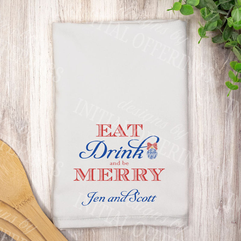 Red and Blue Eat Drink and be Merry Set of 2 Hostess Towels
