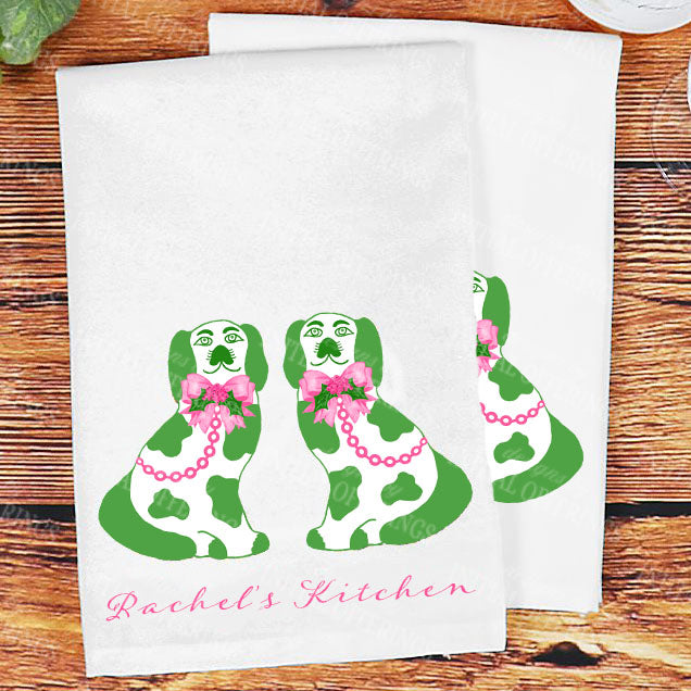 Pink and Green Holiday Staffordshire Spaniels Set of 2 Hostess Towels