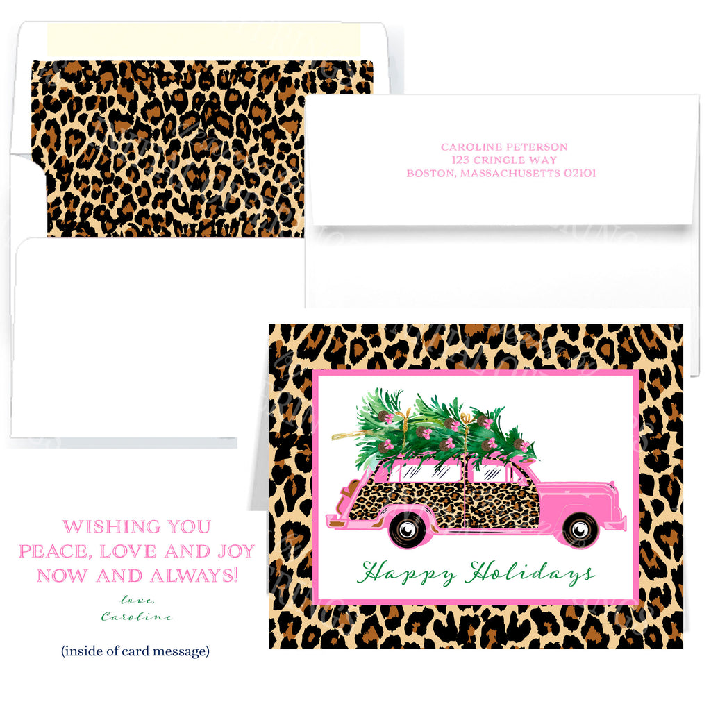 Leopard Print Pink Woody Holiday Greeting Cards