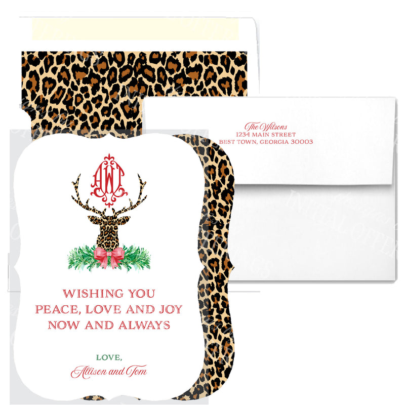 Leopard Print Stag Head Swag with Red Bow Bracket Edge Greeting Cards