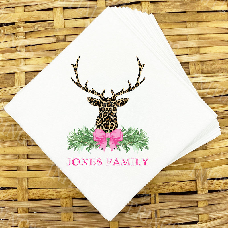 Leopard Print Stag Head Swag with Pink Bow Napkins and Guest Towels