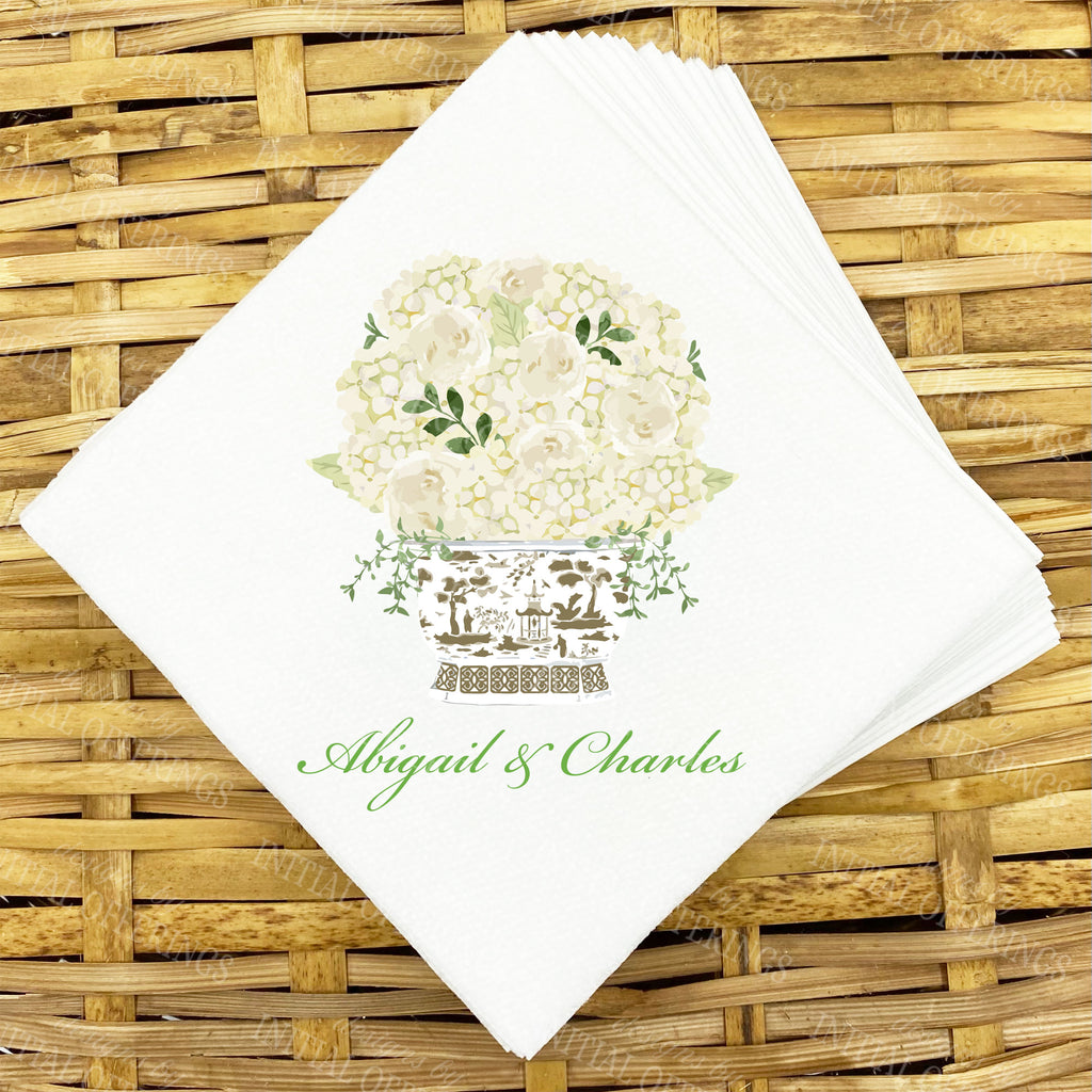 White Bouquet in Khaki Planter Napkins and Guest Towels