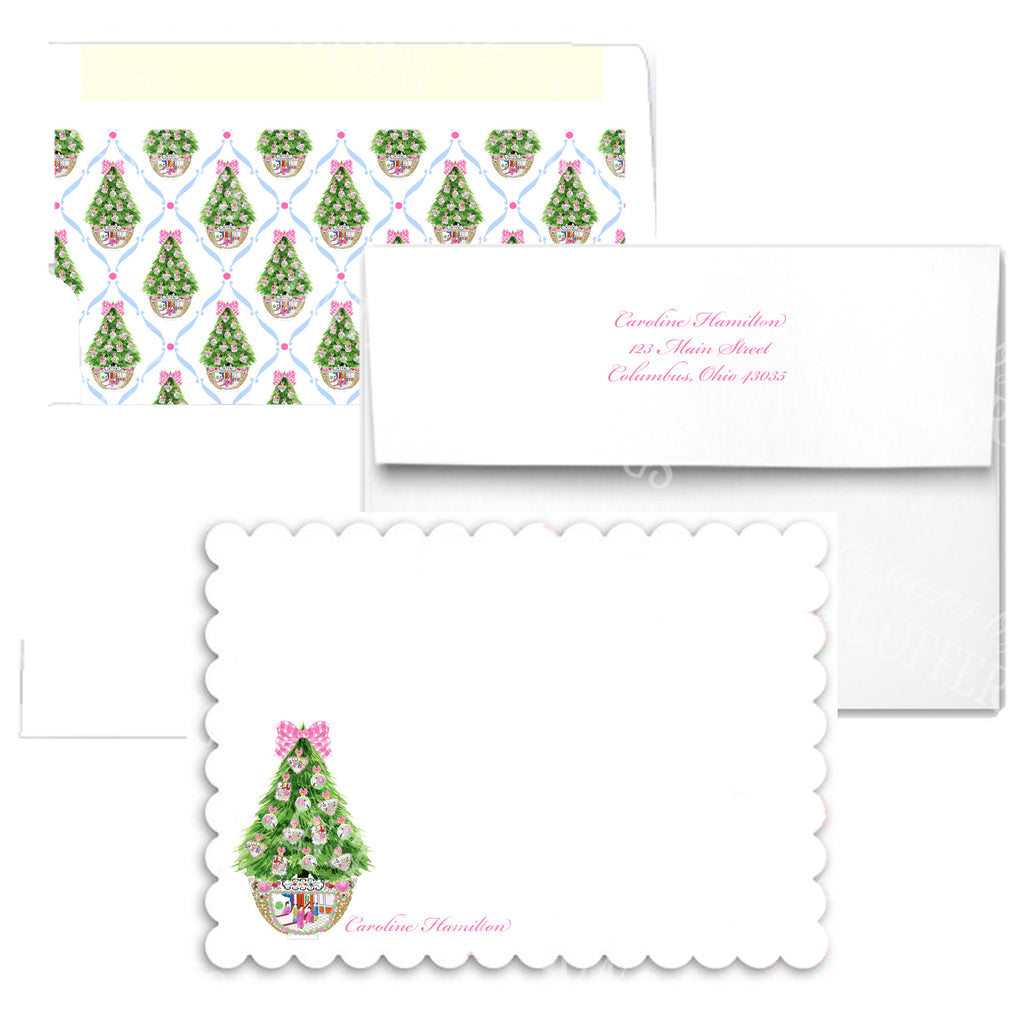 Famille Rose Medallion Inspired Christmas Tree Scallop Edge Notecards
