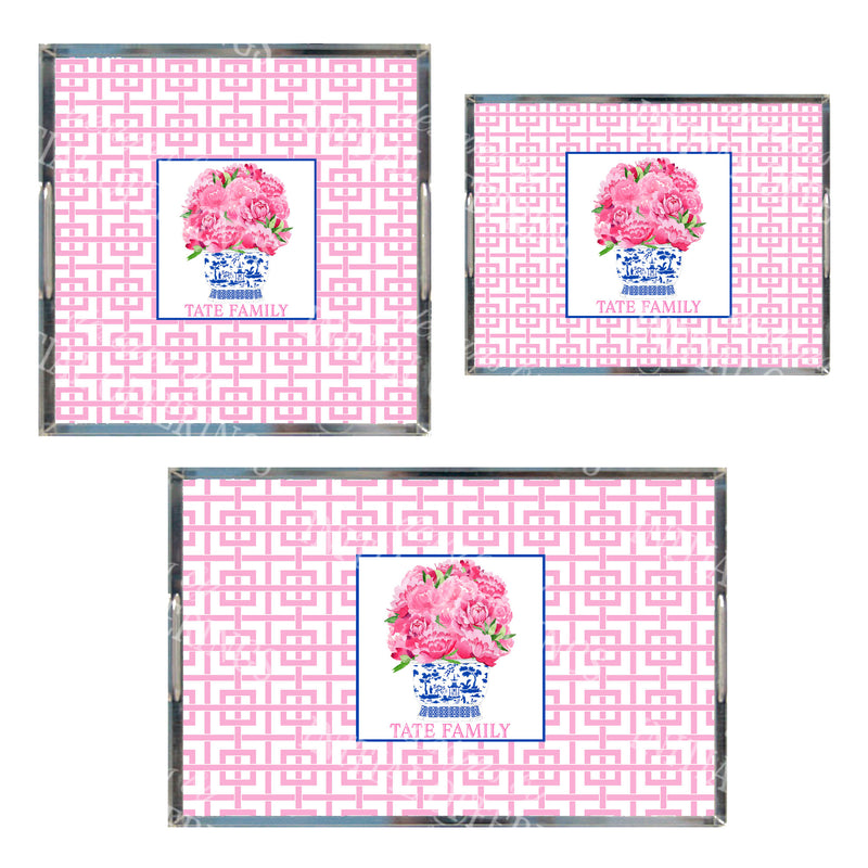 Pink Peonies in Blue Planter Acrylic Tray in 3 Sizes
