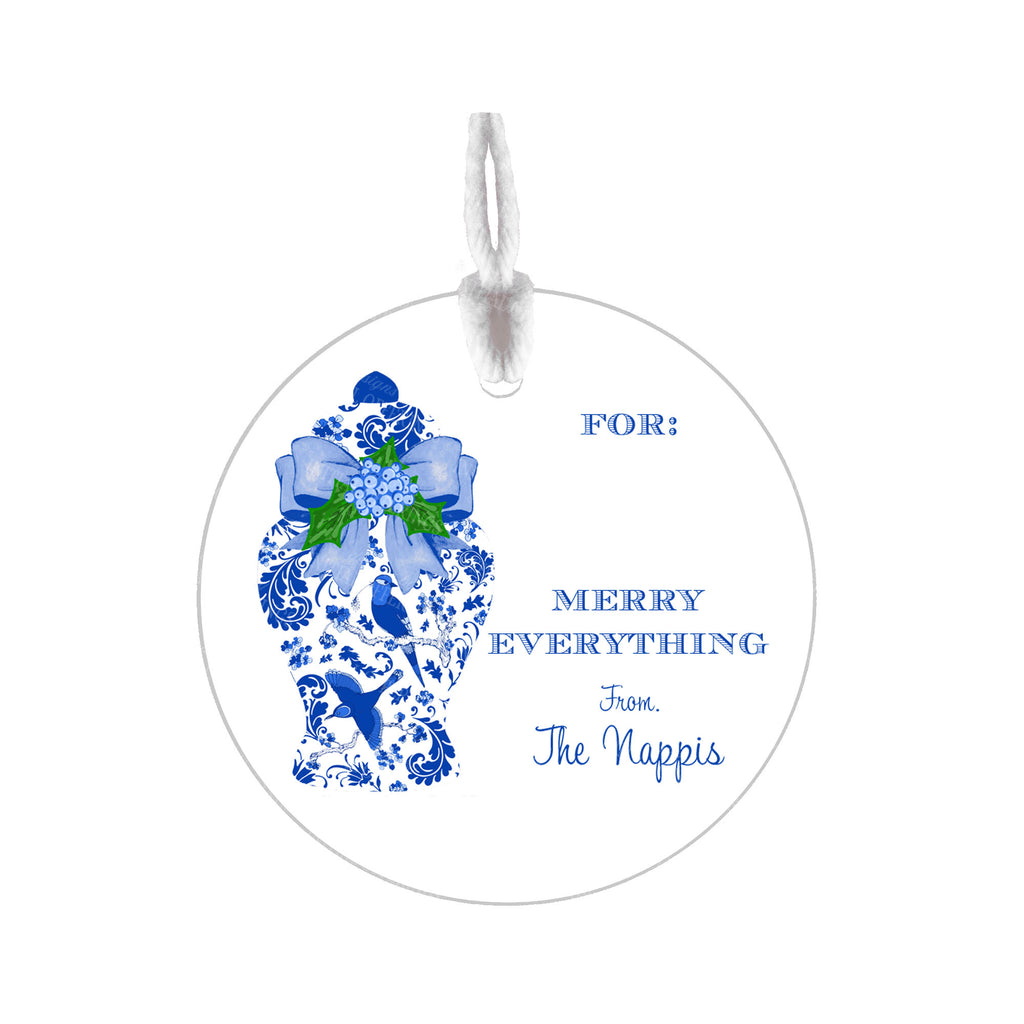 Blue Holiday Ginger Jar Round Gift Tags