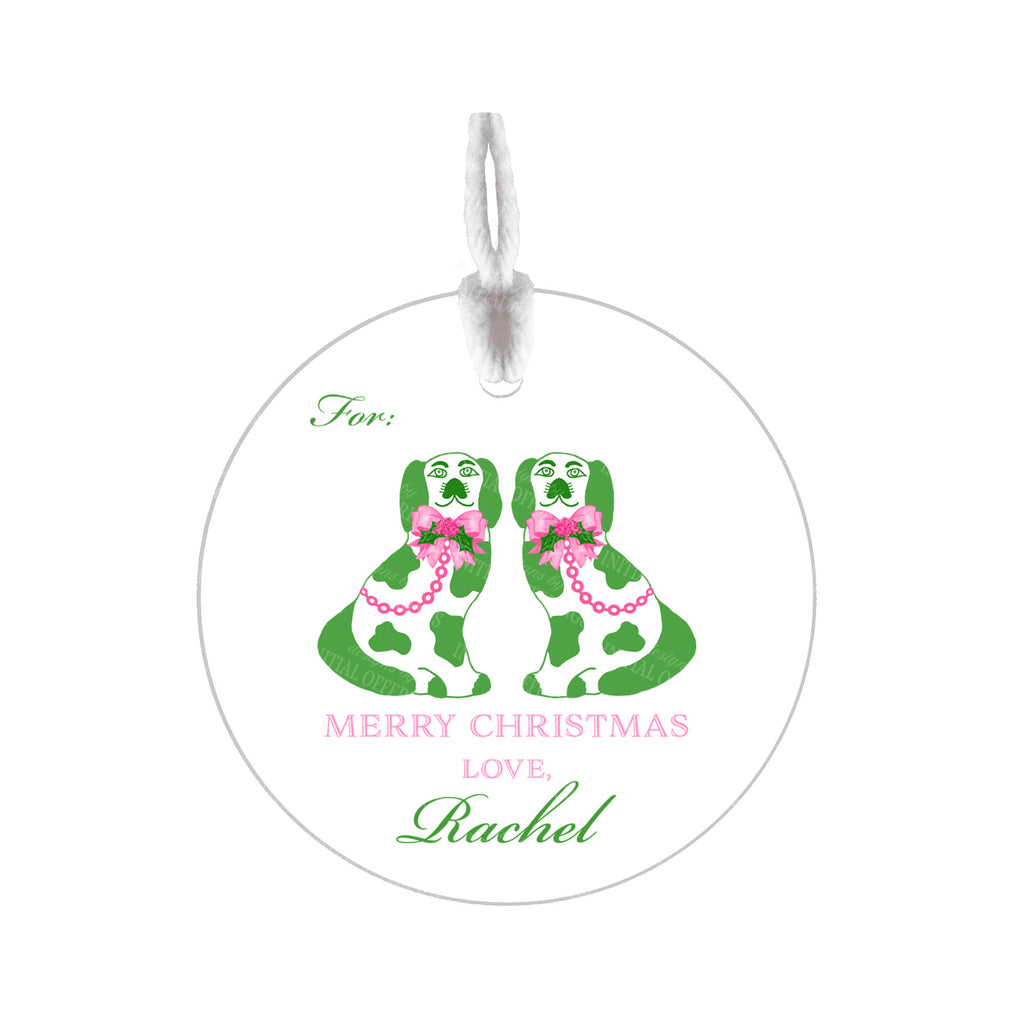 Pink and Green Holiday Staffordshire Spaniels Round Gift Tags