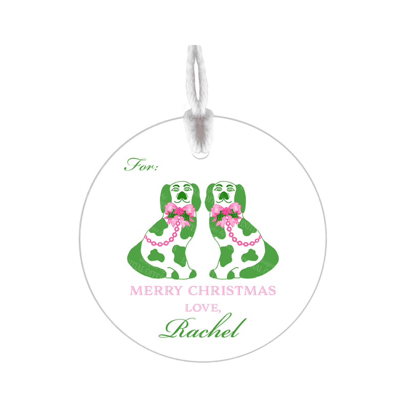 Pink and Green Holiday Staffordshire Spaniels Round Gift Tags
