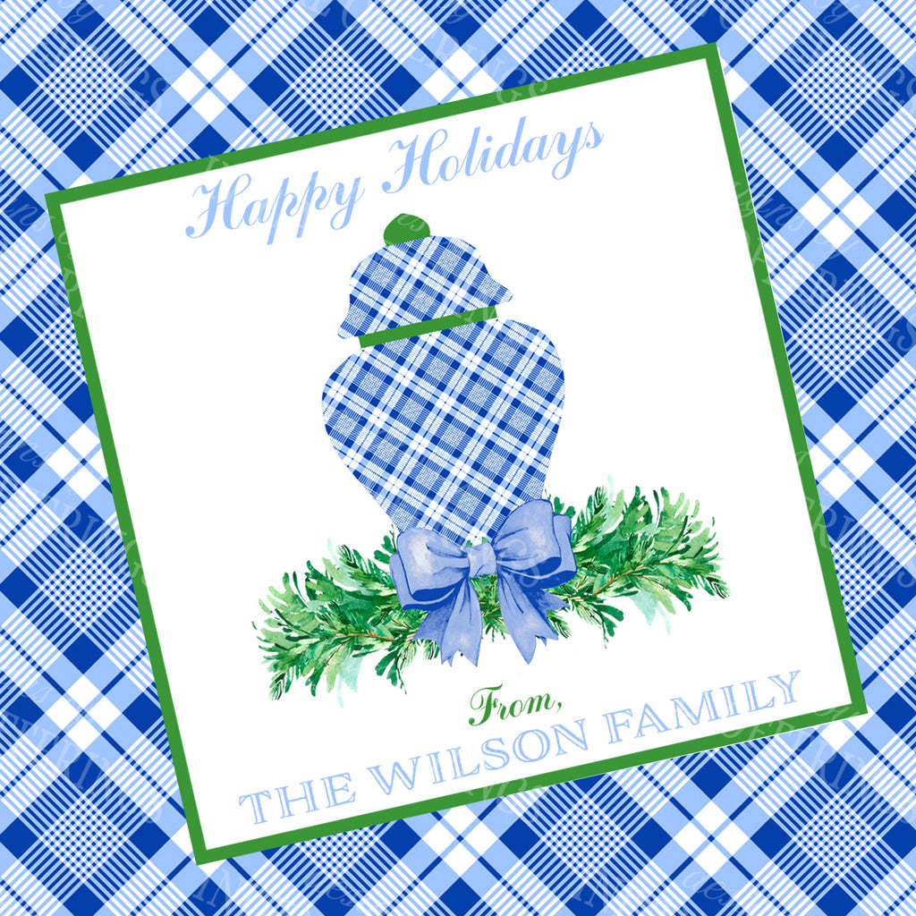 Blue and White Plaid Ginger Jar Swag Gift Enclosure Card
