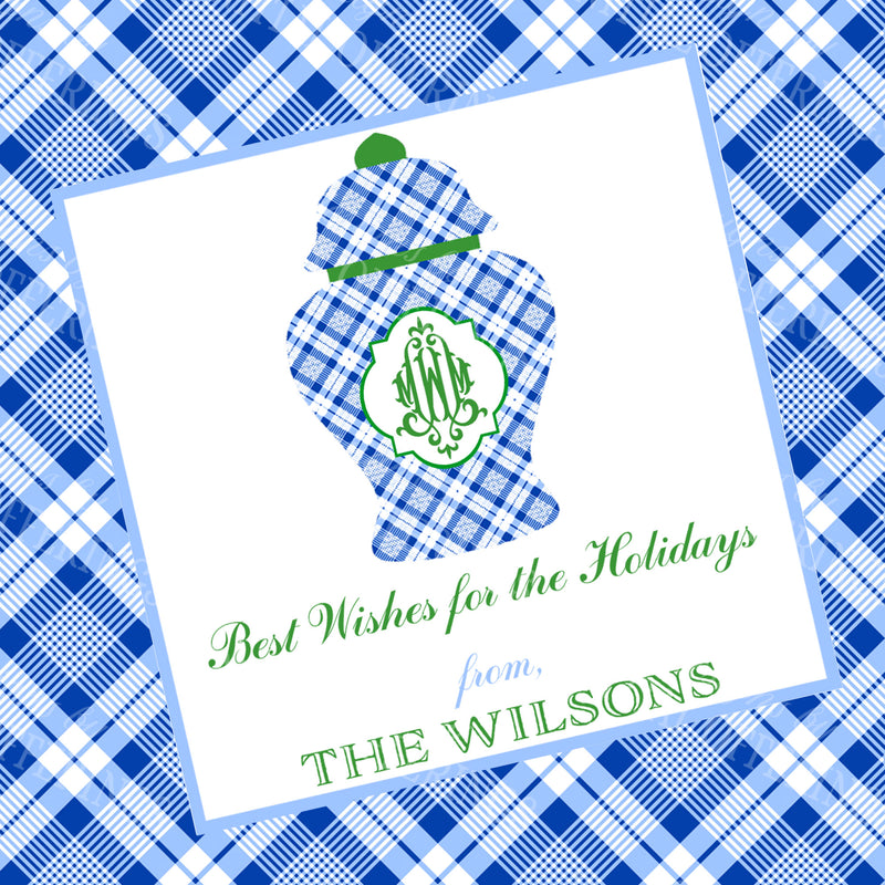 Blue and White Plaid Ginger Jar Gift Enclosure Card with Monogram