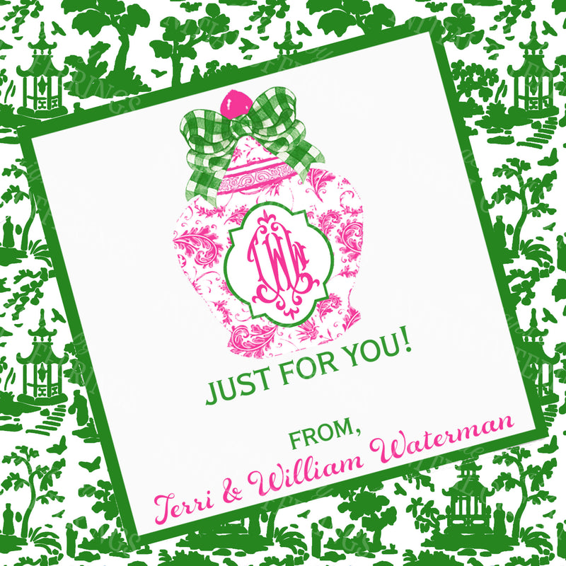 Ginger Jar Pink with Green Gingham Bow Gift Enclosure Card