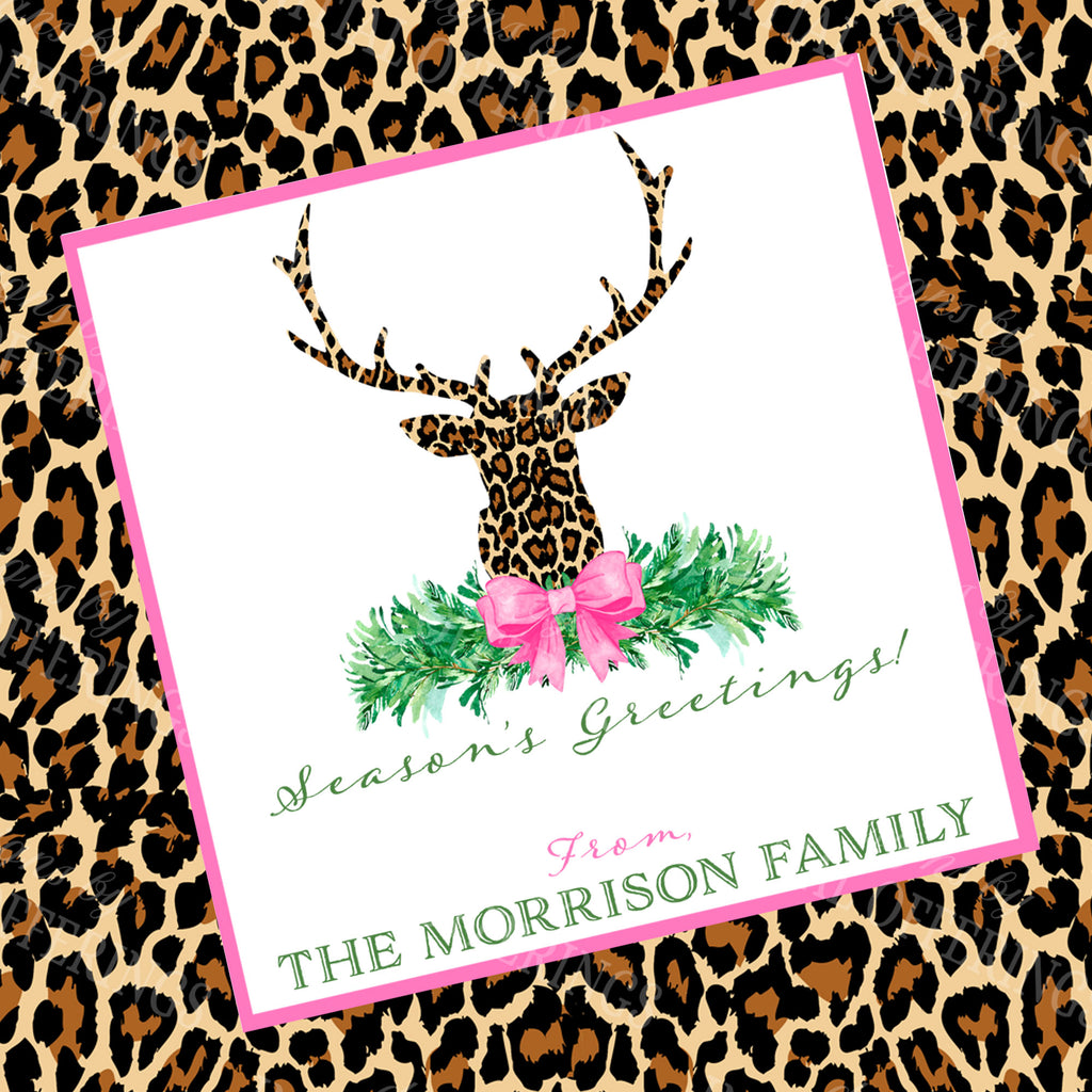 Leopard Print Stag Head Swag with Pink Bow Enclosure Card