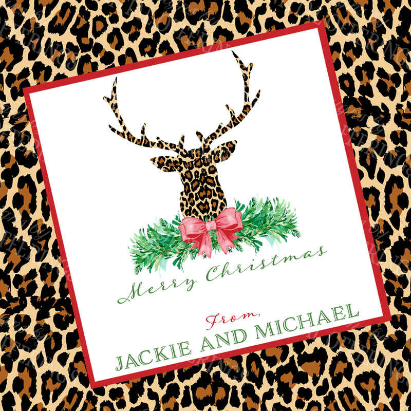 Leopard Print Stag Head Swag with Red Bow Enclosure Card