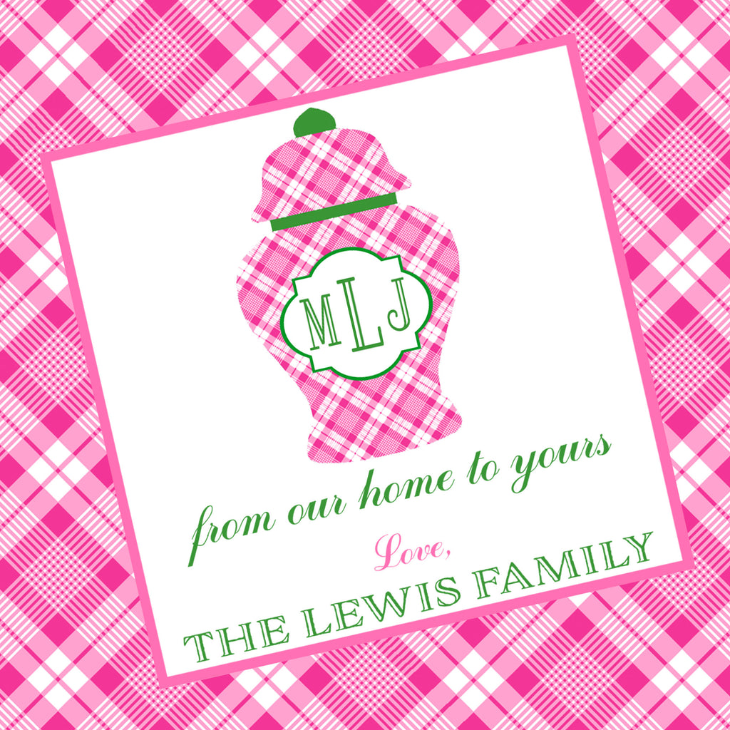 Pink and White Plaid Ginger Jar Swag Enclosure Card with Monogram