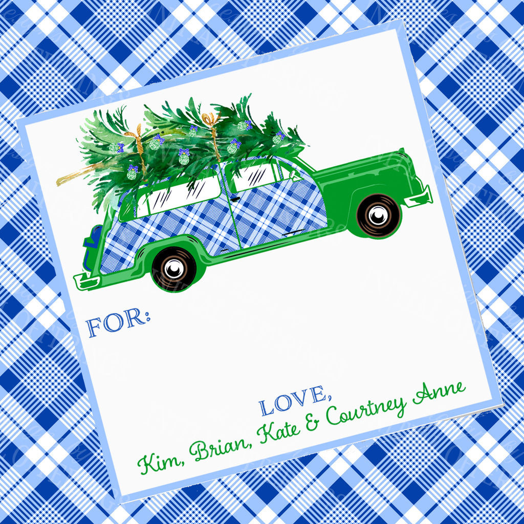 Blue and White Plaid Woody Wagon Gift Enclosure Card