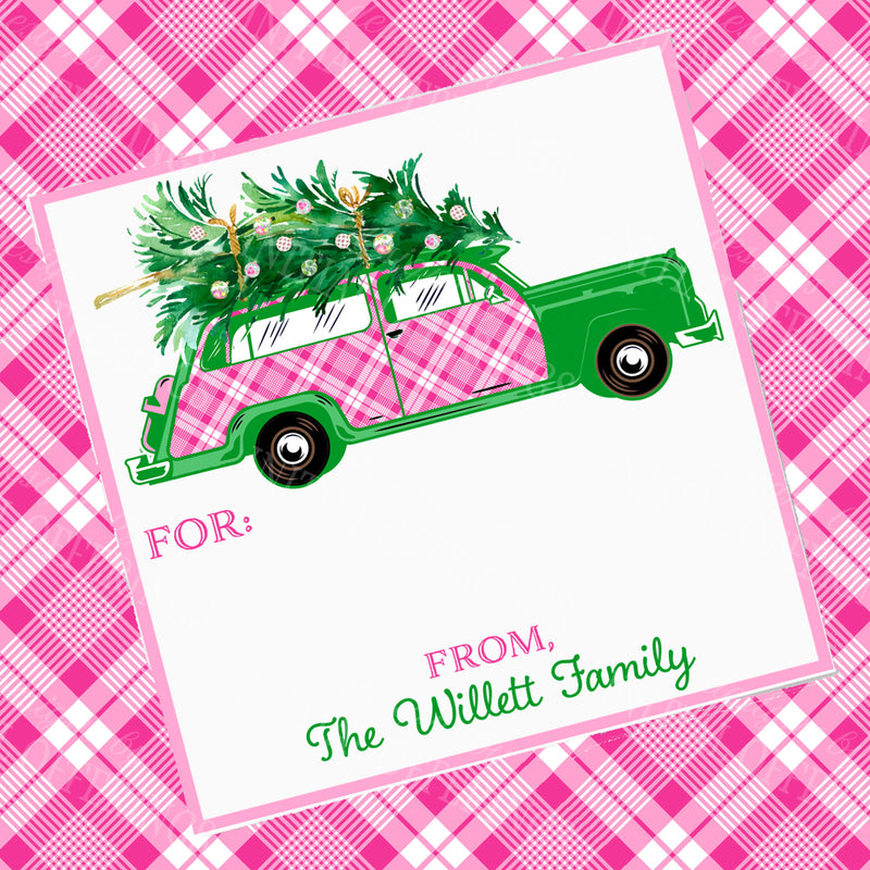 Pink and White Plaid Woody Wagon Gift Enclosure Card