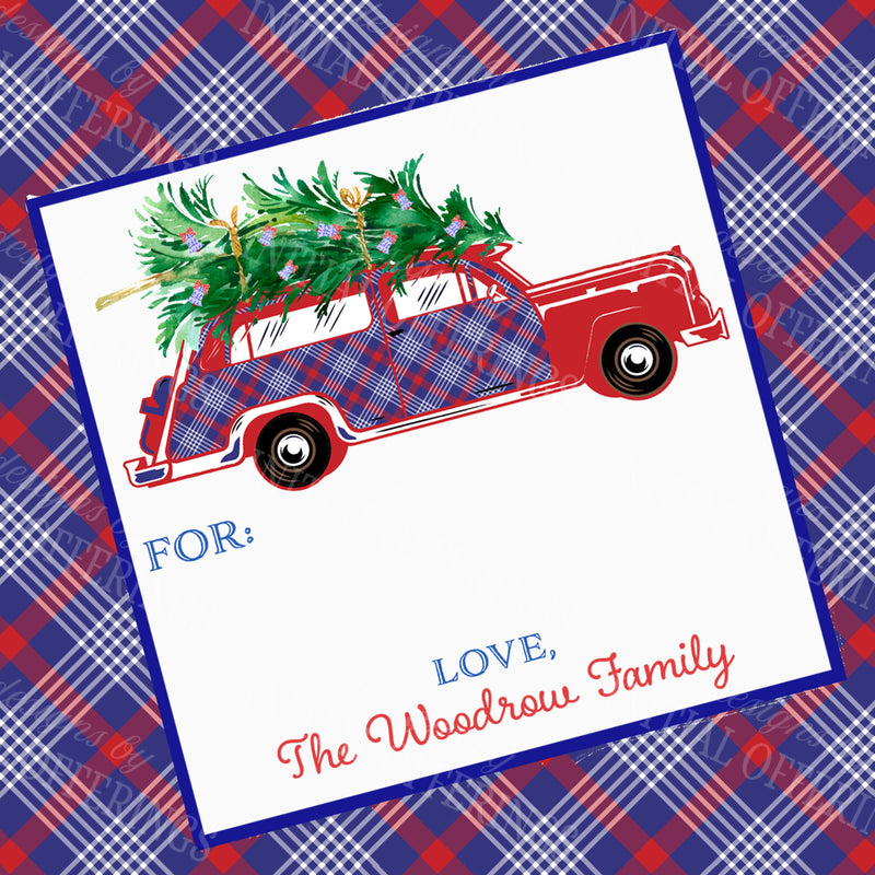 Red and Blue Plaid Woody Wagon Gift Enclosure Card