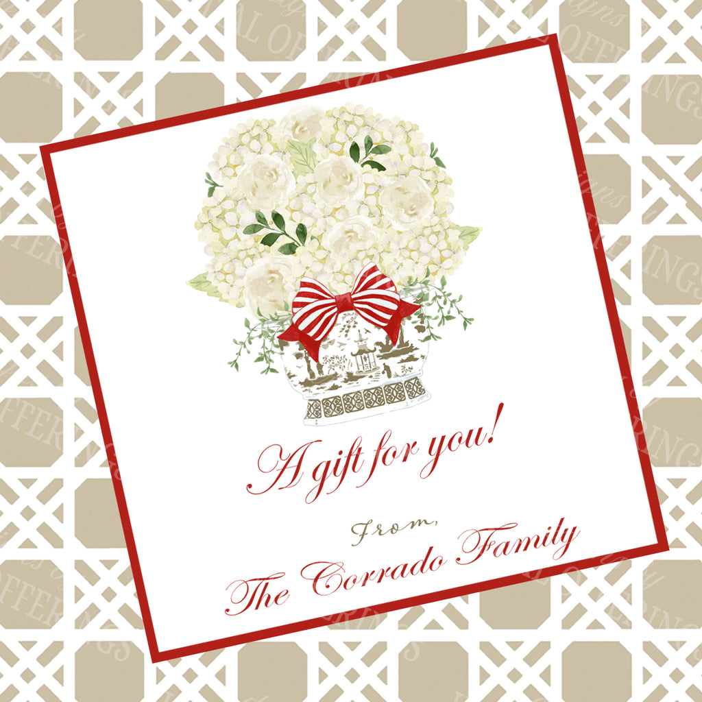 White Bouquet in Khaki Planter with Cranberry Gift Enclosure Card