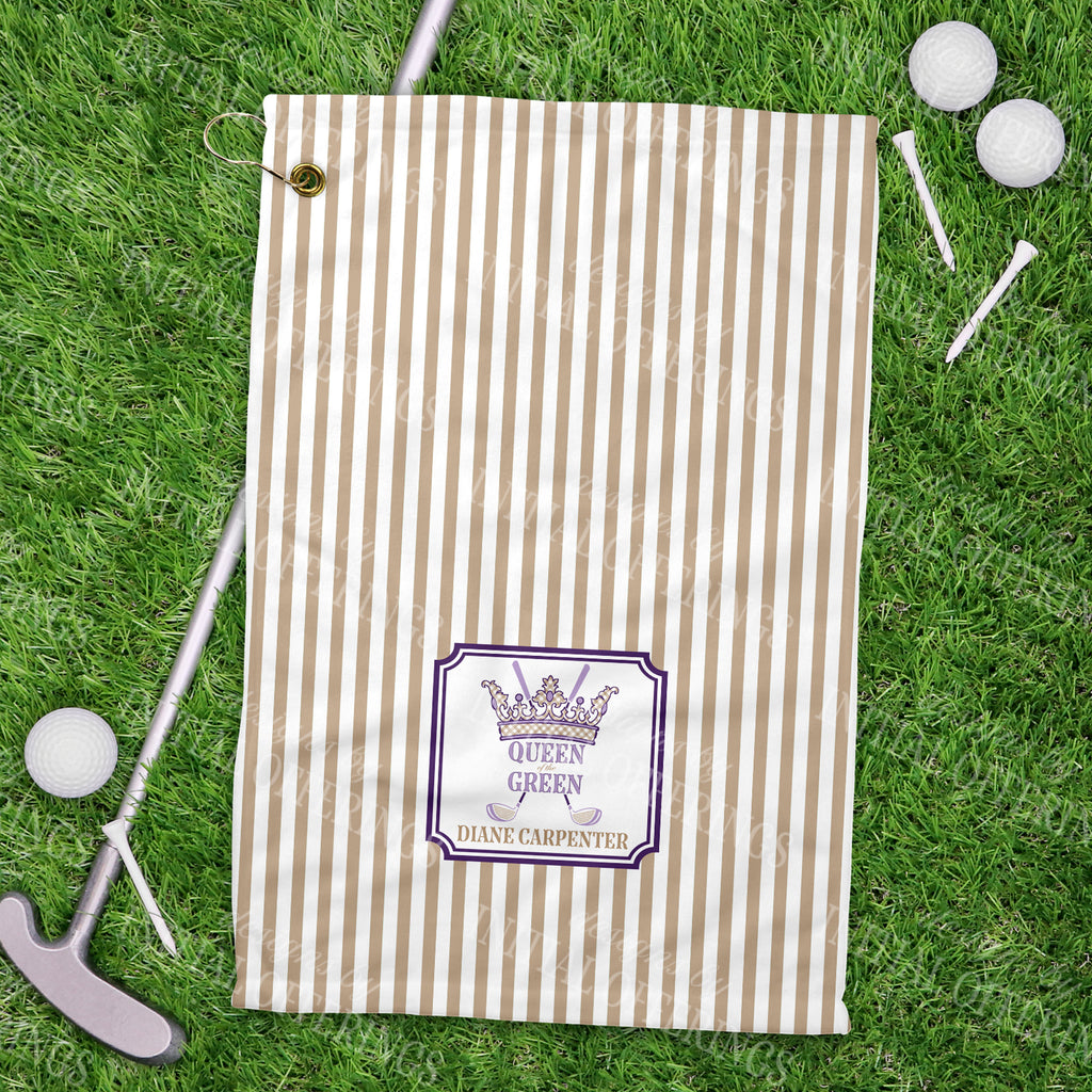 Lavender and Khaki Queen of the Green Sport Golf Towel