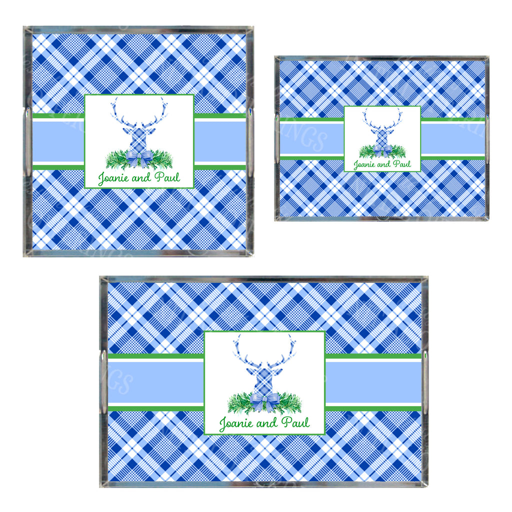Blue and White Plaid Stag Head Swag Acrylic Tray in 3 Sizes