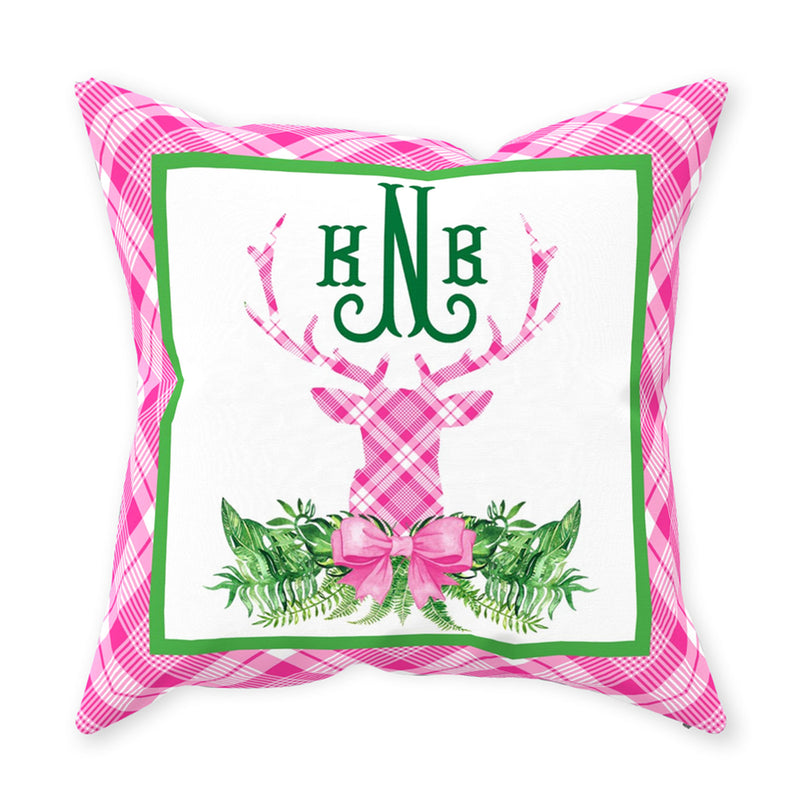 Pink and White Plaid Stag Head Swag Pillow