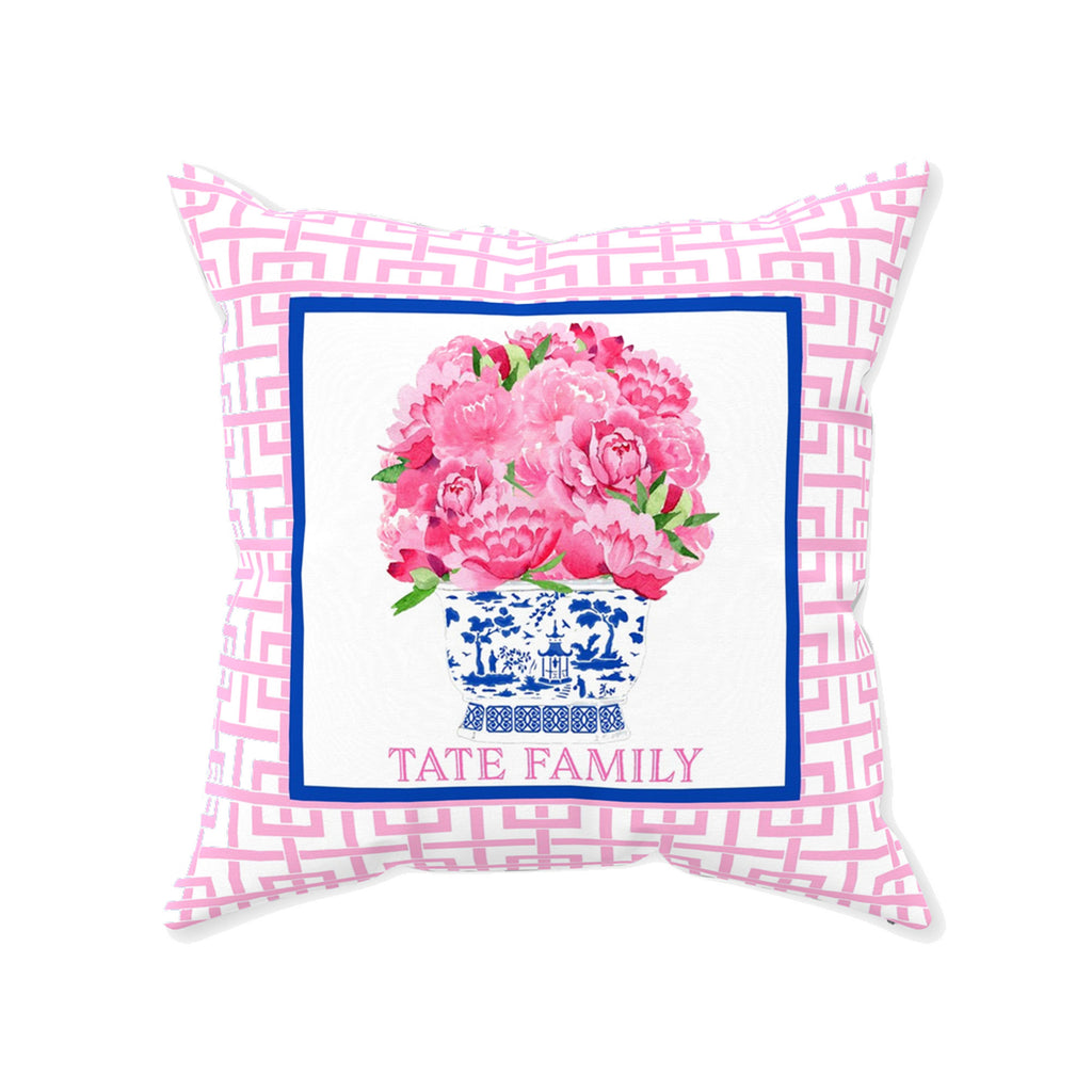 Pink Peonies in Blue Planter Pillow