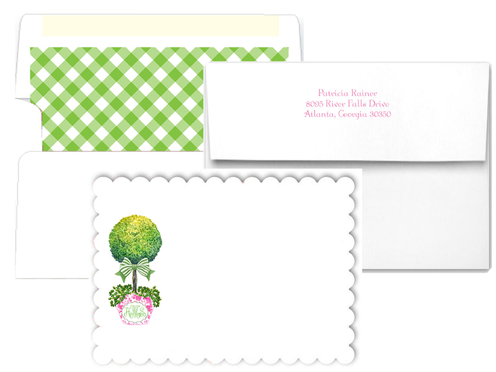 Topiary in Pink Planter with Green Bow Scalloped Notecards