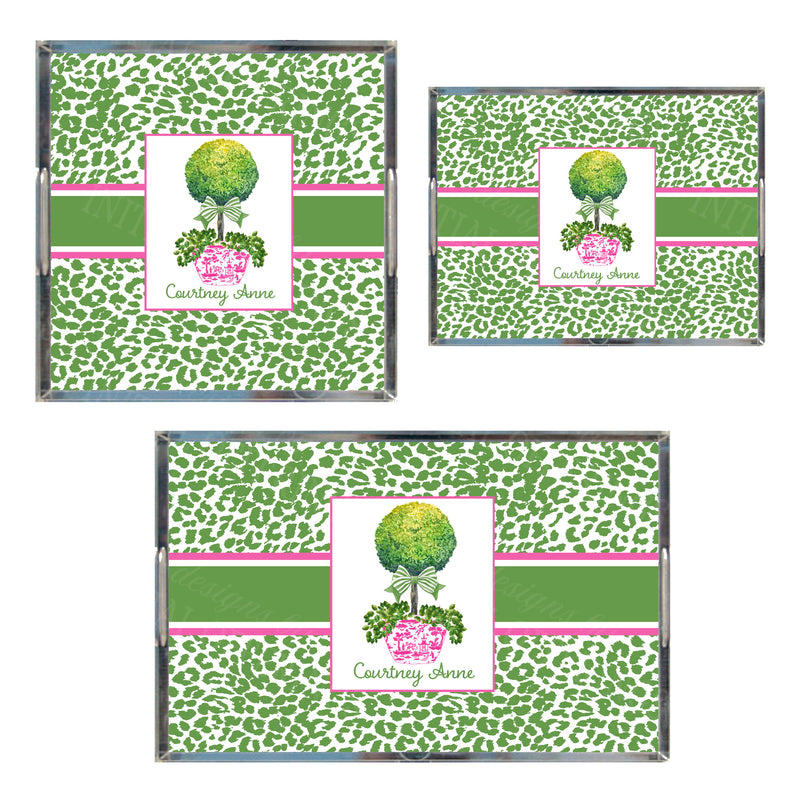 Topiary in Pink Planter with Green Bow and Cheetah Print Acrylic Tray in 3 Sizes