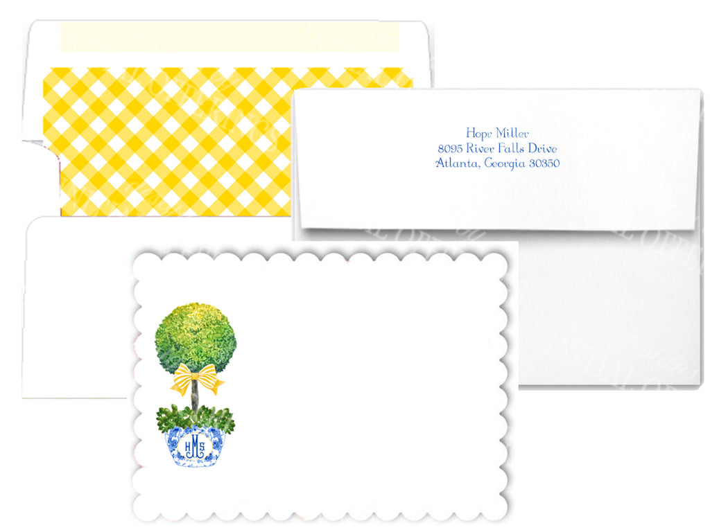 Topiary with Yellow Bow Scalloped Notecards