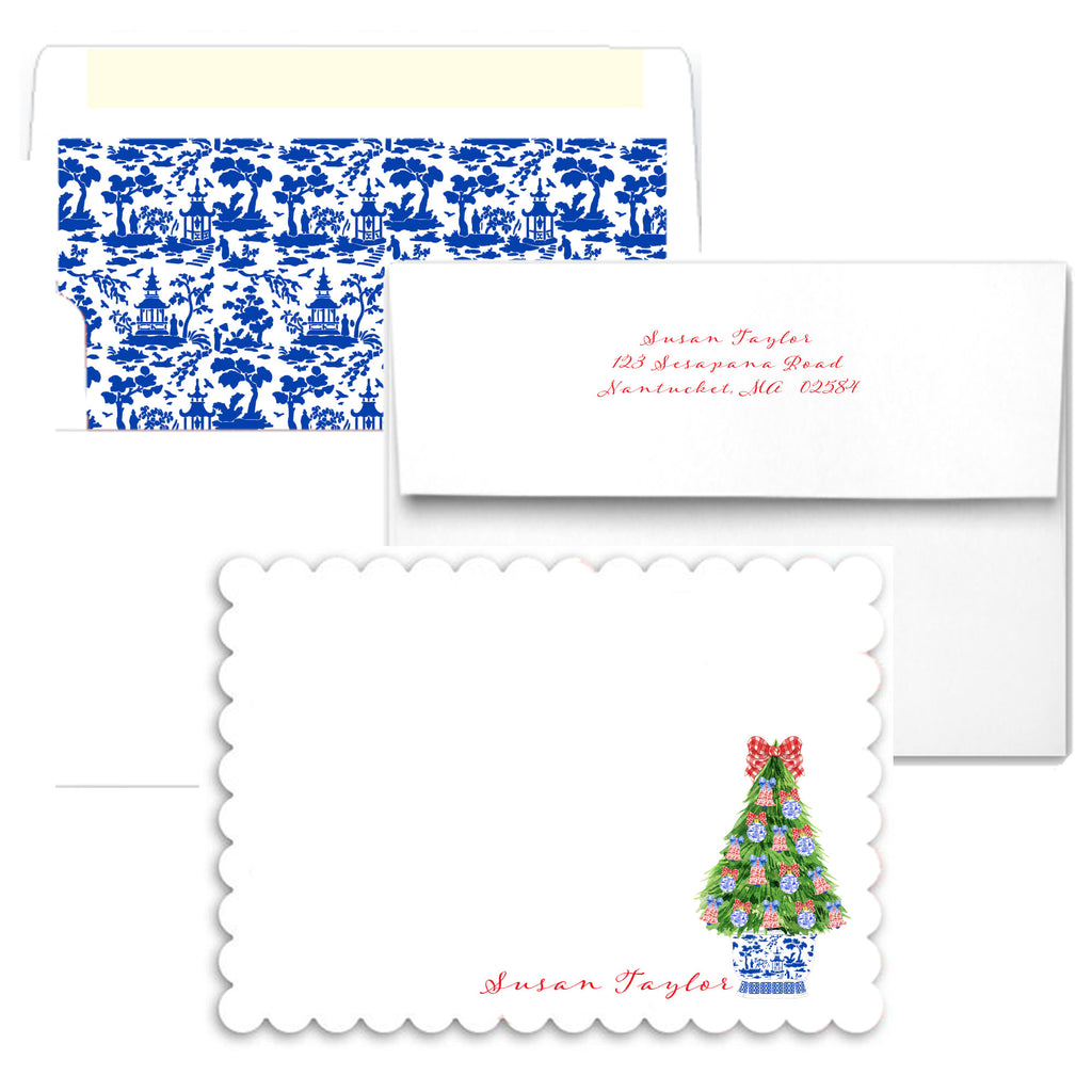Red and Blue Christmas Tree Scalloped Notecards