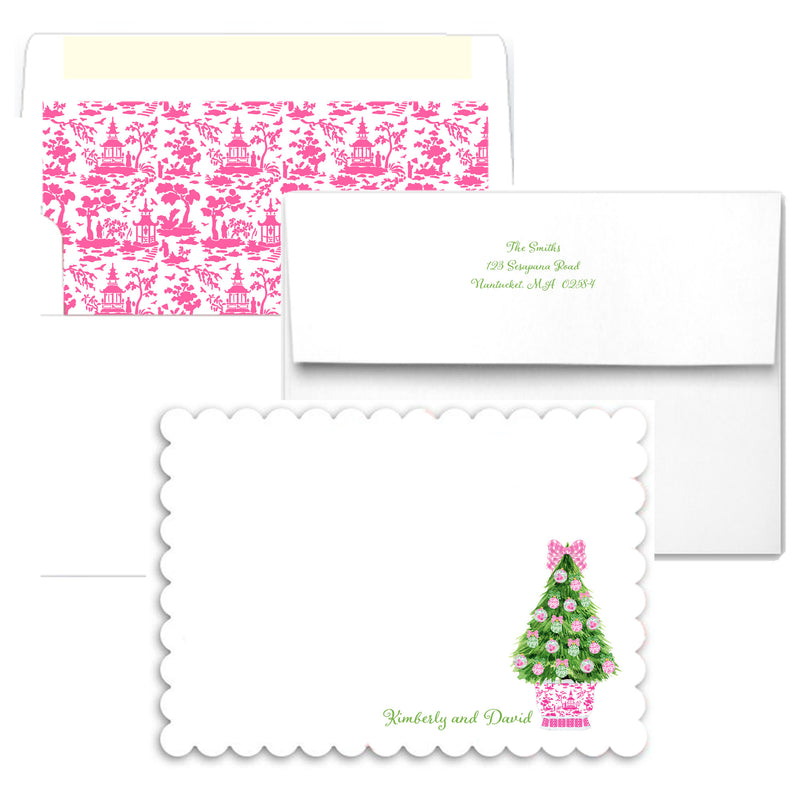 Pink and Green Christmas Tree Scalloped Notecards