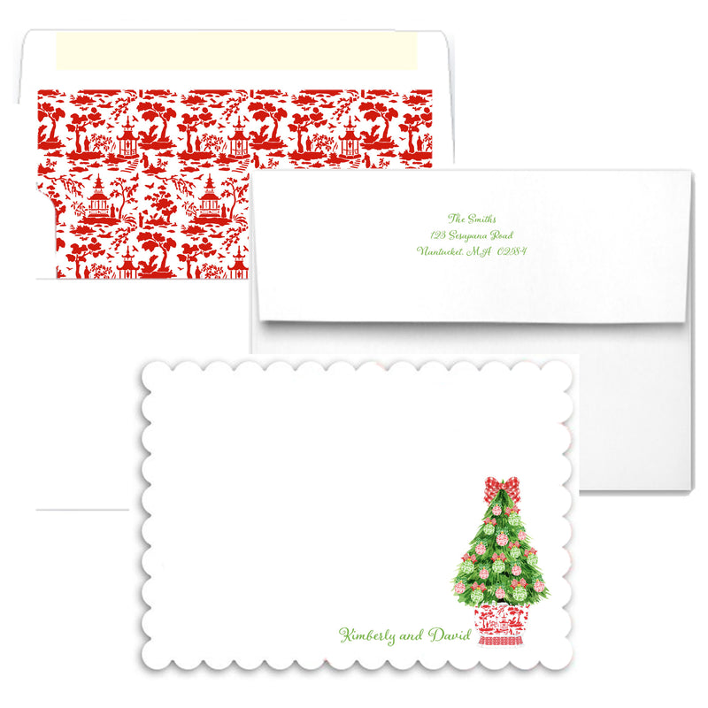 Red and Green Christmas Tree Scalloped Notecards