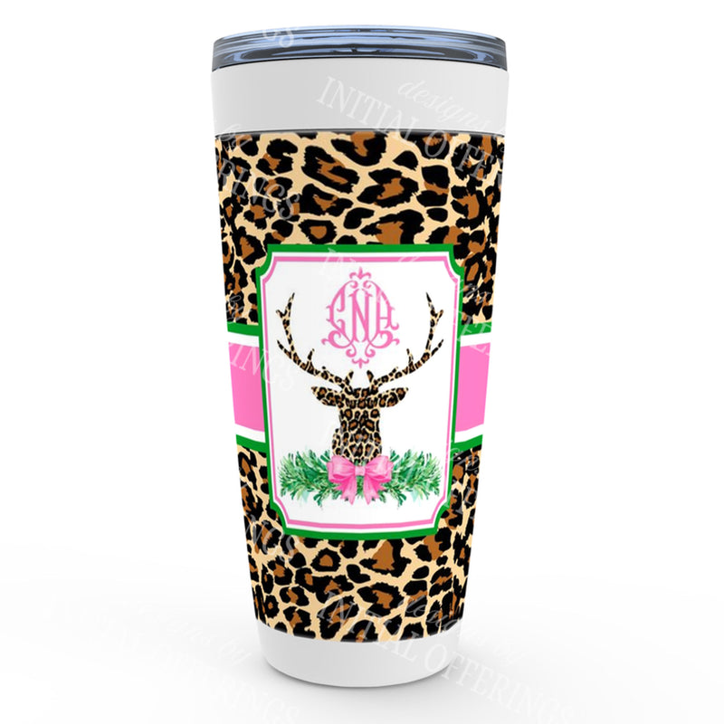 Leopard Print Stag Head Swag with Pink Bow Viking Tumbler