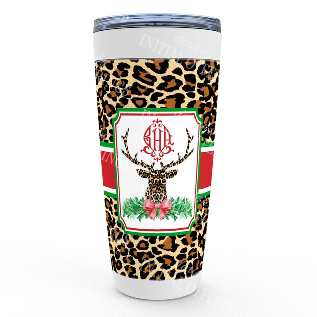 Leopard Print Stag Head Swag with Red Bow Viking Tumbler