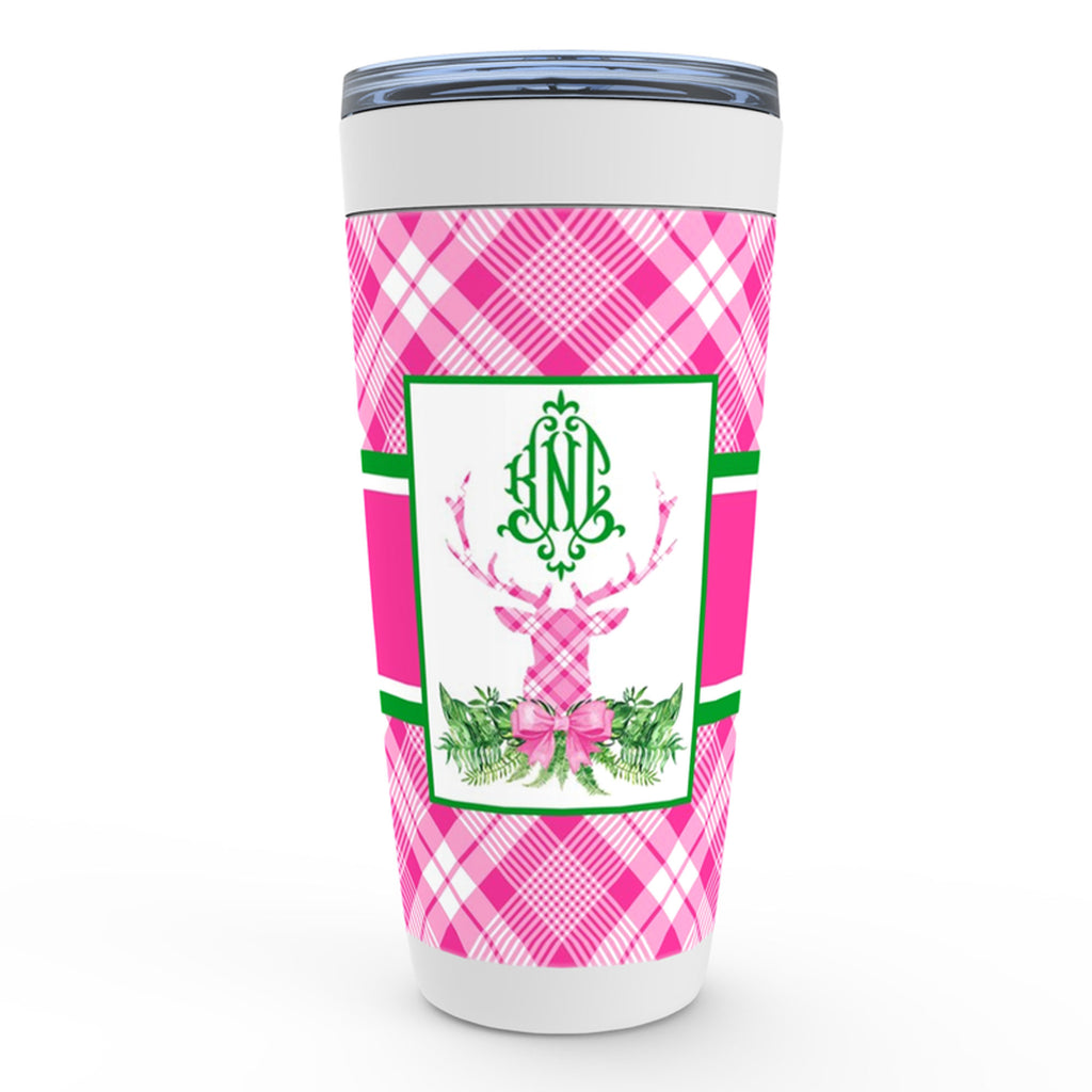 Pink and White Plaid Stag Head Swag Viking Tumbler