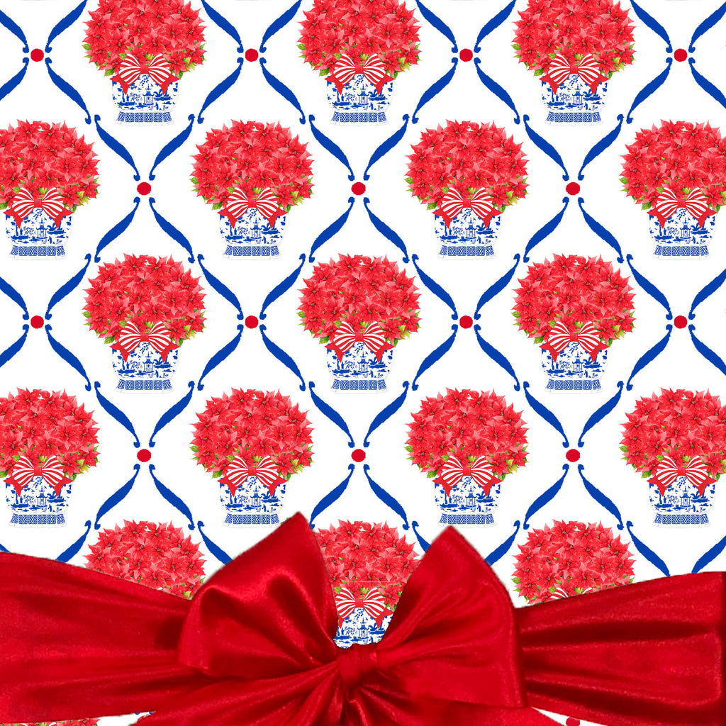 Poinsettia in Blue Chinoiserie Planter Gift Wrap Paper