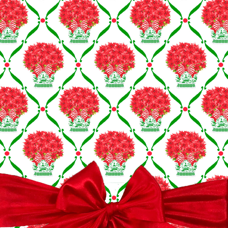 Poinsettia in Green Chinoiserie Planter Gift Wrap Paper