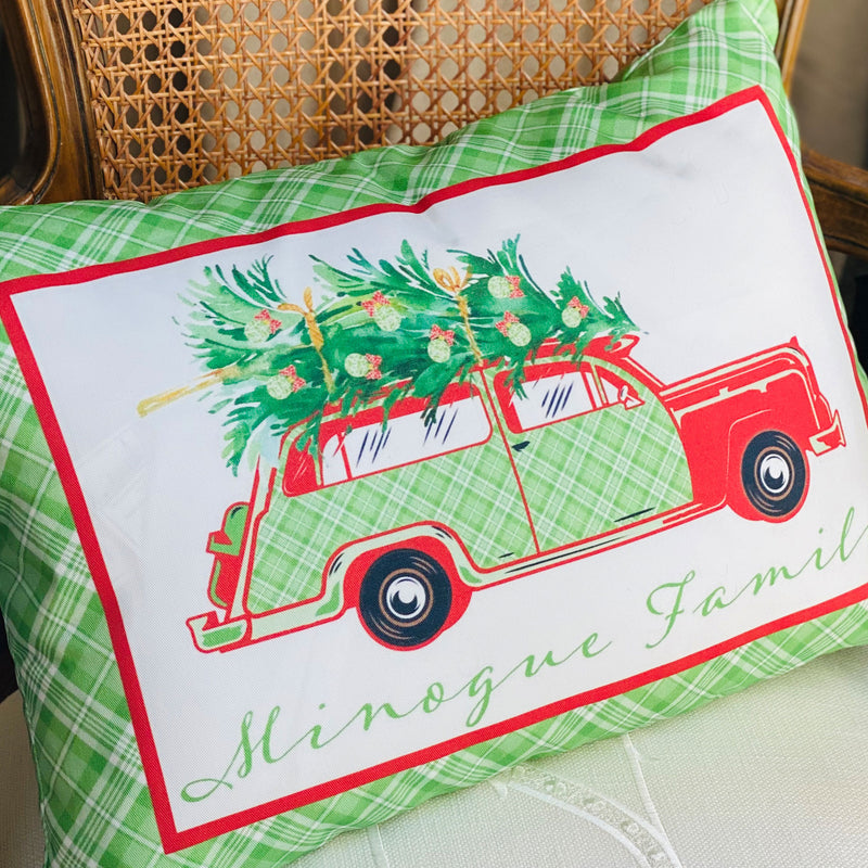 Red and Green Plaid Woody Wagon Pillow